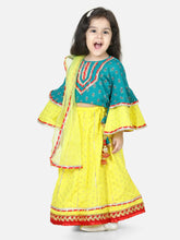 Printed Cotton Frill Sleeves Top with Lehenga for Girls- Green